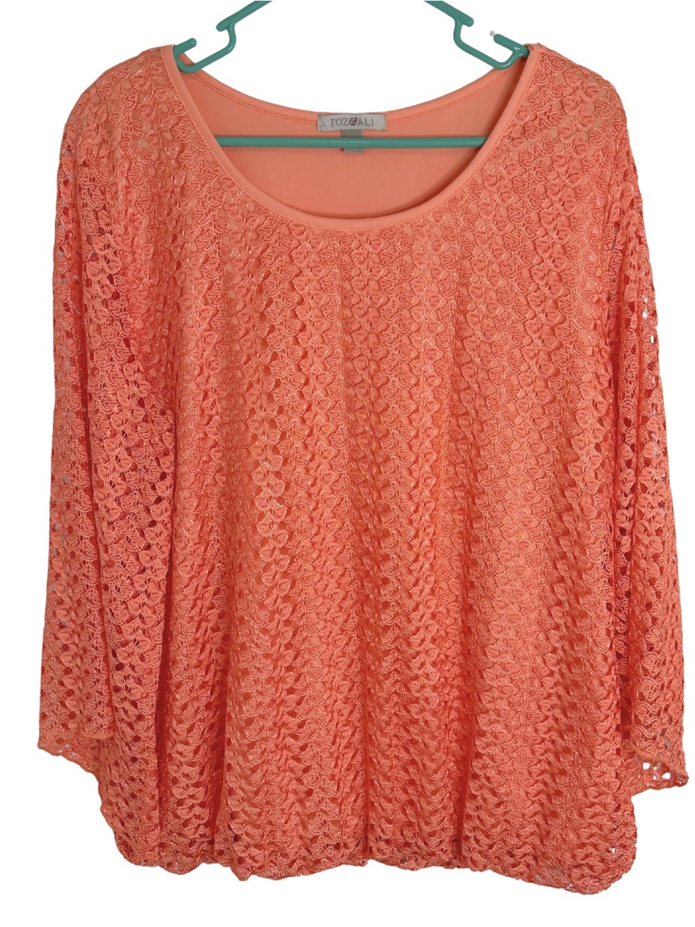 3/$20 Roz & Ali Coral Crochet Layered Long Sleeve Blouse Size XL